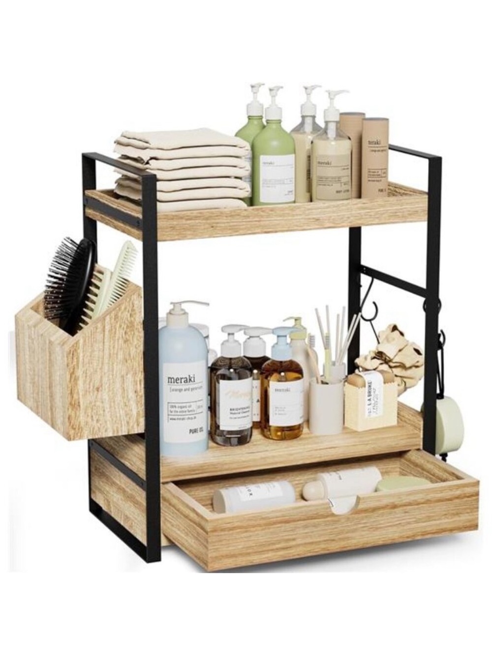 2-Tier Bathroom Counter Organizer with Drawer and Basket, Wood